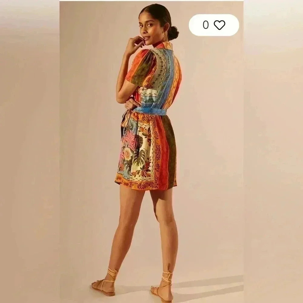 Farm Rio Anthropologie Printed Shirt Mini Dress Button Up Collared Short Sleeve - Picture 2 of 8